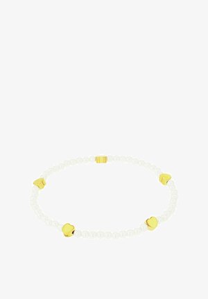 Weißes Perlenarmband mit goldenen Herz- und rechteckigen Akzenten; glatte Textur mit symmetrischem Design.