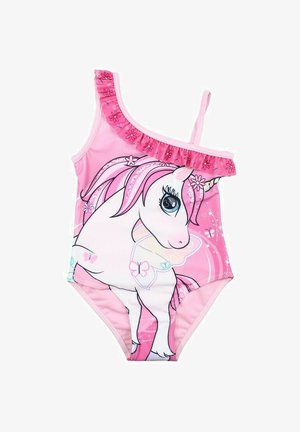 Maillot de bain une pièce rose avec un design de licorne, bretelle à volants et accents de papillons colorés sur un tissu doux et léger.