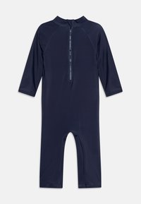 Mornarska rash guard s dolgimi rokavi in sprednjim zadrgo, raztegljiv material, prilegajoča zasnova in hlačnice do kolen za vodne aktivnosti.