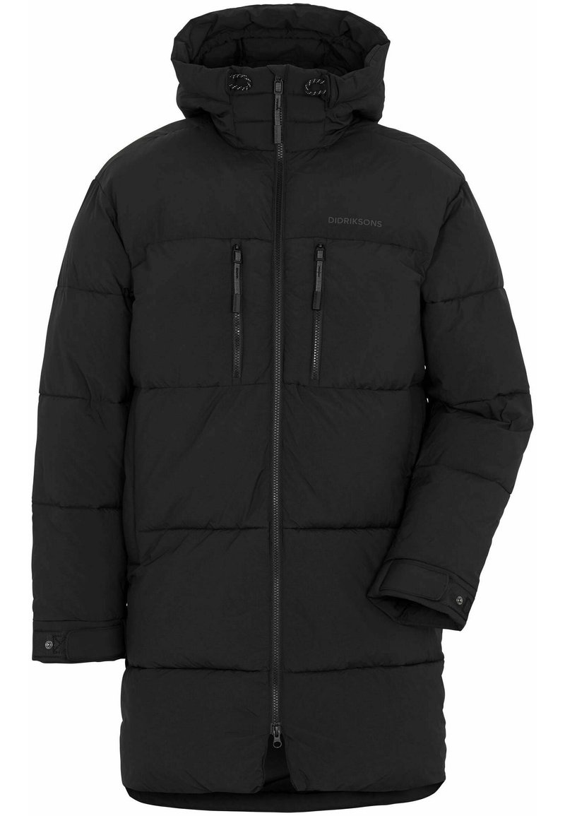 Schwarze Pufferjacke mit Kapuze, ausgestattet mit einem Reißverschluss, zwei Reißverschluss-Brusttaschen und einem gesteppten Design. Weicher, isolierter Stoff.