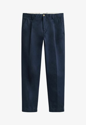 Pantalon droit pour homme bleu marine avec poches avant, passants pour ceinture, fermeture par bouton et coupe classique et ajustée.