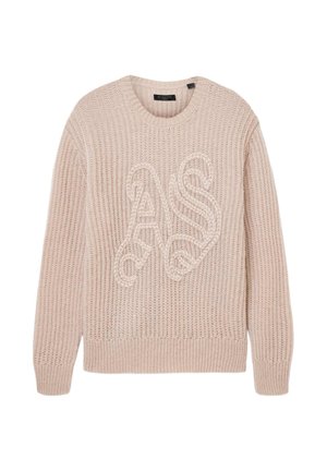 Jersey beige de punto con cuello redondo y patrón acanalado texturizado. Logo bordado "AS" en un color contrastante en la parte delantera.