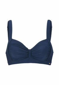 Navyblauwe bikini top met brede verstelbare banden, geplooid voorpaneel en gladde stof. Bevat een subtiele merkaccent aan de zijkant.