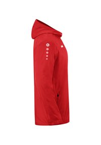Roter Windbreaker mit Kapuze, aus leichtem Material gefertigt. Mit gemusterten Akzenten an den Schultern und vorderen Reißverschlusstaschen.