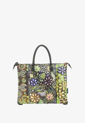 Borsa a spalla floreale con un design ricamato colorato in accenti viola, verde e marrone. Manici e dettagli neri, forma strutturata.