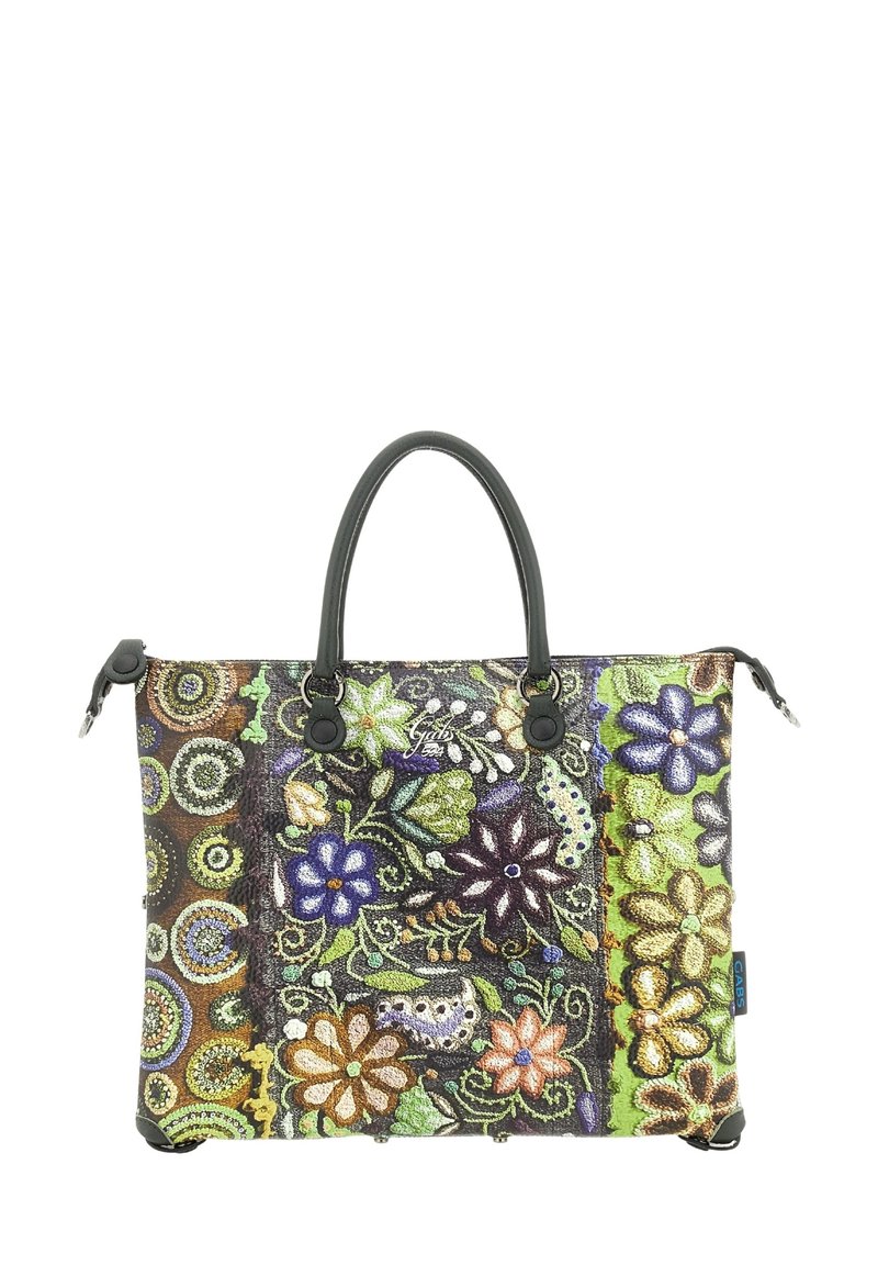 Sac fourre-tout floral présentant un design brodé coloré avec des accents violets, verts et marron. Poignées et accessoires noirs, forme structurée.