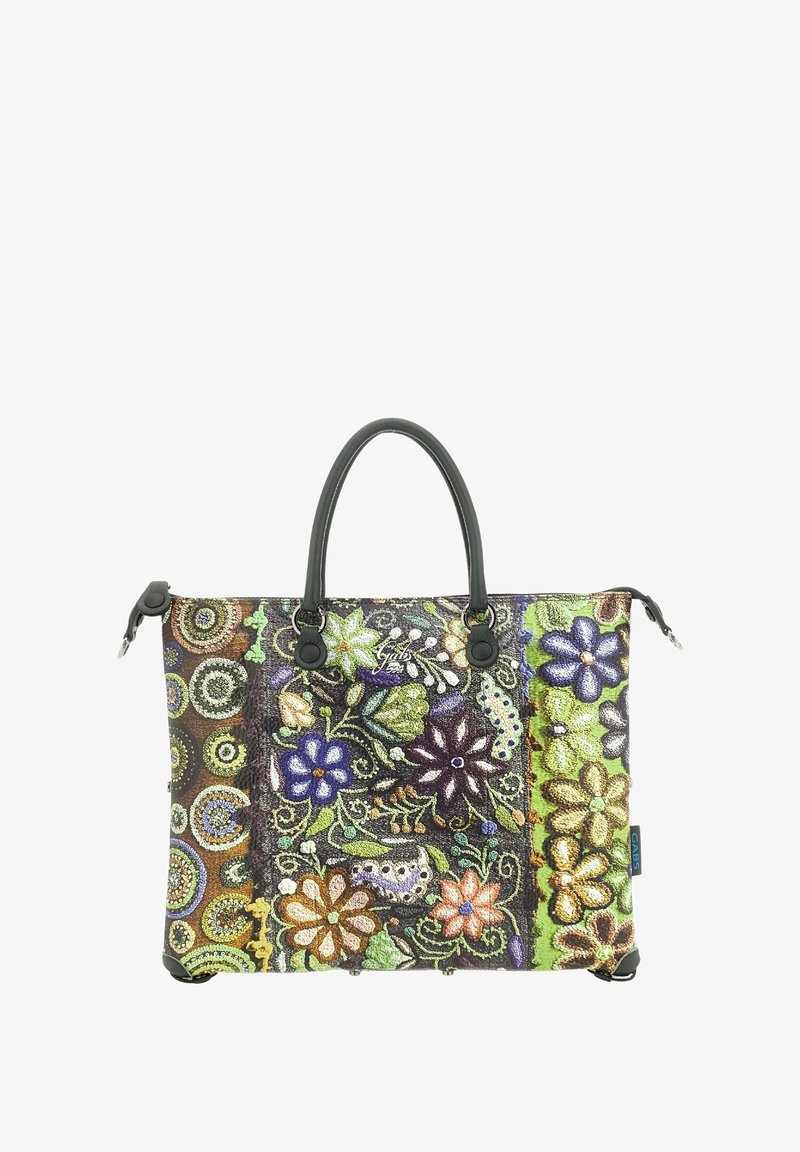 Borsa a spalla floreale con un design ricamato colorato in accenti viola, verde e marrone. Manici e dettagli neri, forma strutturata.