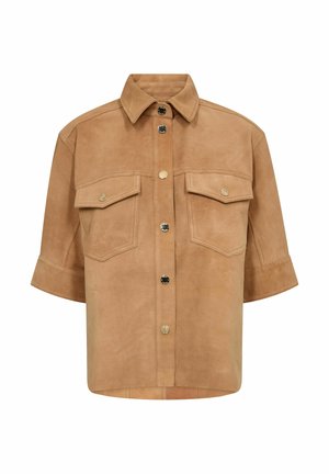 Kožna jakna kratkih rukava od bež antilopa s kopčanjem na prednjoj strani i dva džepa na prsima s preklopom i gumbima.