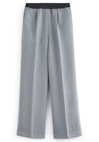 Jasnoszare szerokie spodnie wykonane z fakturowanej tkaniny, z czarną elastyczną talią i kieszeniami bocznymi. Projekt jest elegancki i dopasowany.