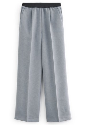 Lichtgrijze wijde broek van textuurstof, met een zwarte elastische tailleband en zijzakken. Het ontwerp is strak en op maat gemaakt.