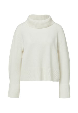 Wit, oversized trui met een hoge ribgebreide col, ribgebreide mouwen en zoom. Zachte textuur, casual design en verlaagde schouders.