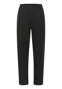 Pantaloni neri realizzati in tessuto morbido ed elastico. Presentano una vita elastica e un design a gamba affusolata. Senza tasche o cuciture visibili.