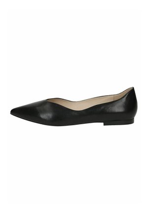 Black leather ballet flats with a pointed toe, smooth texture, and minimalistic design. Flat sole with no visible hardware or accents.