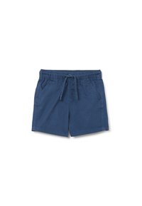 Shorts de algodón en azul marino con cintura elástica, cierre de cordón y dos bolsillos frontales. Textura suave y diseño casual.