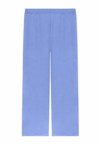 Pantaloni largi de culoare bleu deschis, confecționați dintr-un material neted, cu un brâu elastic și fără modele sau accesorii vizibile.