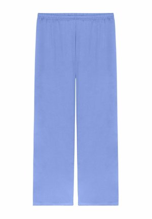 Vaalean siniset leveät housut, jotka on valmistettu sileästä kankaasta. Housuissa on joustava vyötärö ja niissä ei ole näkyviä kuvioita tai metalliosia.