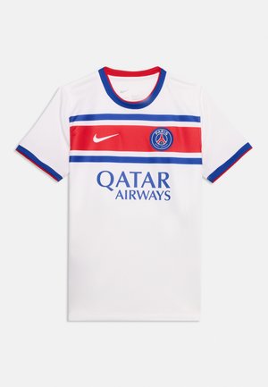 Maillot de football blanc du Paris Saint-Germain avec des bandes horizontales rouges et bleues, logo Nike et texte du sponsor Qatar Airways sur le devant.