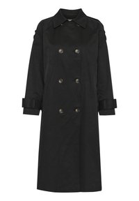 Černý oboustranný trench coat s límcem, se zlatými knoflíky a manžetami. Vyroben z odolné tkaniny.