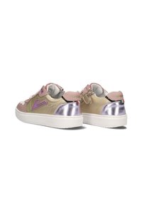 Sneakers with a pink and metallic gold design, featuring a white sole and reflective accents, secured with adjustable straps and logo detail.