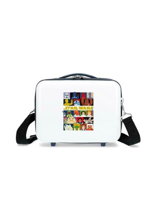 Bolsa blanca de carcasa dura con correa negra que presenta personajes coloridos y estilizados de Star Wars y el logo en el centro del frente.