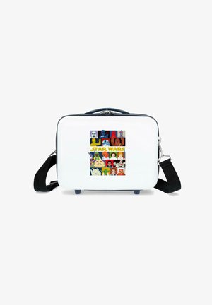Bolsa blanca de carcasa dura con correa negra que presenta personajes coloridos y estilizados de Star Wars y el logo en el centro del frente.