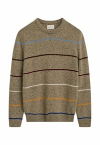 Beige Strickpullover mit mehrfarbigen Streifen in Blau, Burgundy, Weiß und Orange. Verfügt über einen Rundhalsausschnitt und gerippte Ärmelbündchen sowie Saum.