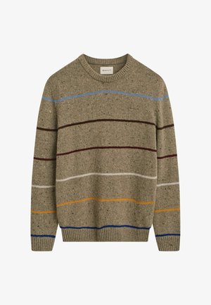 Gebreide trui in beige met meerkleurige strepen: blauw, bordeaux, wit en oranje. Heeft een ronde hals en ribgebreide manchetten en onderkant.