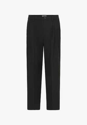 Sorte bukser med en skræddersyet design, der har pressefald, en lige benform, en frontknaplukning og lommer. Lavet af glat stof.