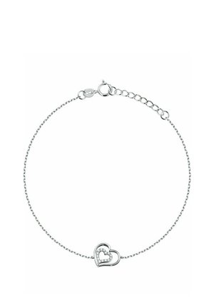 Silberarmband mit Kettendesign und herzförmigem Anhänger, verziert mit kleineren Herzen und klaren Steinen.