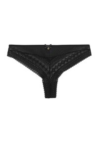 String noir en dentelle avec des motifs géométriques, des bords festonnés et un petit nœud en accent au centre avant. Matériau doux et extensible.