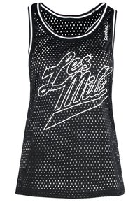 Schwarzes, ärmelloses Mesh-Top mit Perforationen. Verfügt über weißen "Les Mills"-Text und kontrastierende Ränder am Halsausschnitt und an den Armausschnitten.