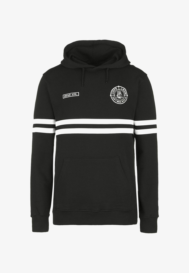 Μαύρη hoodie φτιαγμένη από μείγμα βαμβακιού, με λευκές ρίγες, μπροστινή τσέπη και δύο κεντημένα λογότυπα στο στήθος και στο μανίκι.