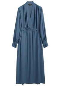 Sininen pitkähihaisten mekko, jossa on kietaisumallinen pääntie, elastinen vyötärö ja taskut. Valmistettu sileästä kankaasta, jossa on hienovarainen kiilto.