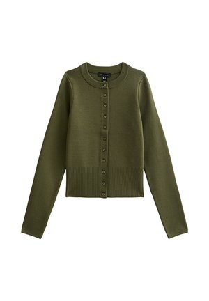 Olive green cardigan with long sleeves and a round neckline, featuring a row of buttons down the front and ribbed hem.