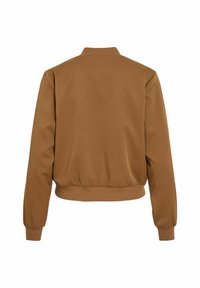 Veste bomber marron avec col, poignets et taille côtelés, vue de dos sur un fond blanc.