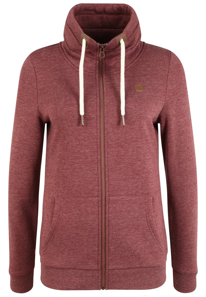 Sweat-shirt à zip bourgogne avec un col montant, des cordons crème et des poches latérales. Présente un tissu texturé et une petite patch logo sur la poitrine.