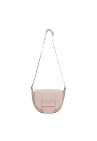Svetle růžová kožená crossbody taška s kulatým tvarem, sklápěcí chlopeň a dekorativním popruhem. Hladká textura s minimálním kováním.