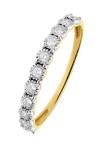 Gold and silver bangle ring with circular diamond accents, featuring a polished finish and prong settings for each stone.