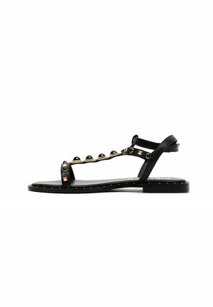 Sandalía plana negra con acentos de tachuelas, tiras transparentes y una suela lisa. Presenta herrajes metálicos y un diseño minimalista.