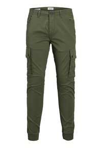 Pantaloni cargo verde oliva realizzati in misto cotone, con polsini elastici, tasche laterali e tasche cargo con bottone per maggiore funzionalità.