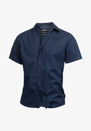 Short-sleeve navy blue shirt made of a linen blend, featuring a button-down collar and subtle textured fabric with a straight cut.
