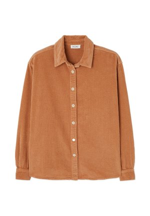 Corduroy overhemd in verbrande sinaasappel, met een knoopsluiting aan de voorkant, een klassieke kraag en lange mouwen met knoopmanchetten. Getextureerde ribgebreide stof.