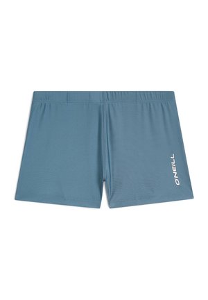 Blauwe sportshorts van glad, rekbaar materiaal met een elastische tailleband en een wit logoaccent aan de rechtervoorzijde.