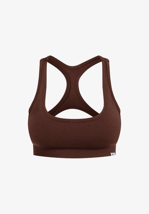 Bra sportivo marrone con design a racerback, realizzato in un materiale morbido e elasticizzato. Presenta un'ampia fascia inferiore e nessun imbottitura.