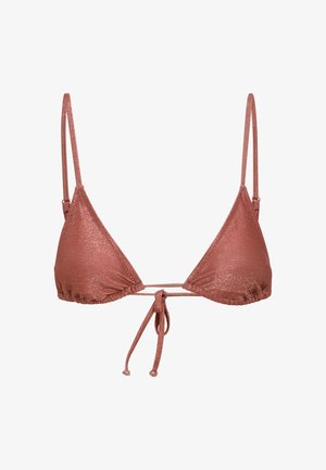 Top de bikini din aur roz strălucitor, cu formă triunghiulară, bretele reglabile și un detaliu cu fundiță în centru. Textură netedă, cu un finisaj lucios.