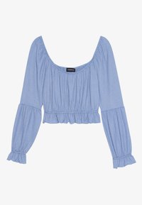 Blusa cropped azzurro chiaro con scollo quadrato, maniche lunghe a sbuffo e orlo volants. Realizzata in tessuto testurizzato con dettagli arricciati.