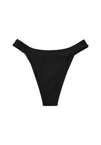 Bas de bikini noir avec un design texturé, de forme triangulaire et une taille basse. Fabriqué en tissu extensible.