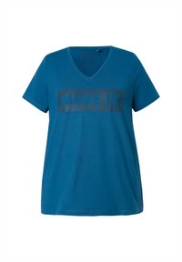 Blauwe katoenen t-shirt met een v-hals, korte mouwen en een centraal zwart grafisch tekstontwerp. Glad textuur, casual pasvorm.