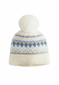 Warme gebreide wintermuts in crème met blauwe en oranje geometrische patronen. Heeft een pluizige witte pompon bovenop en een geribbelde boord.