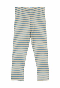 Leggings a righe in tessuto a coste, con strisce orizzontali alternate in beige chiaro e blu, dotate di una comoda cintura elastica.
